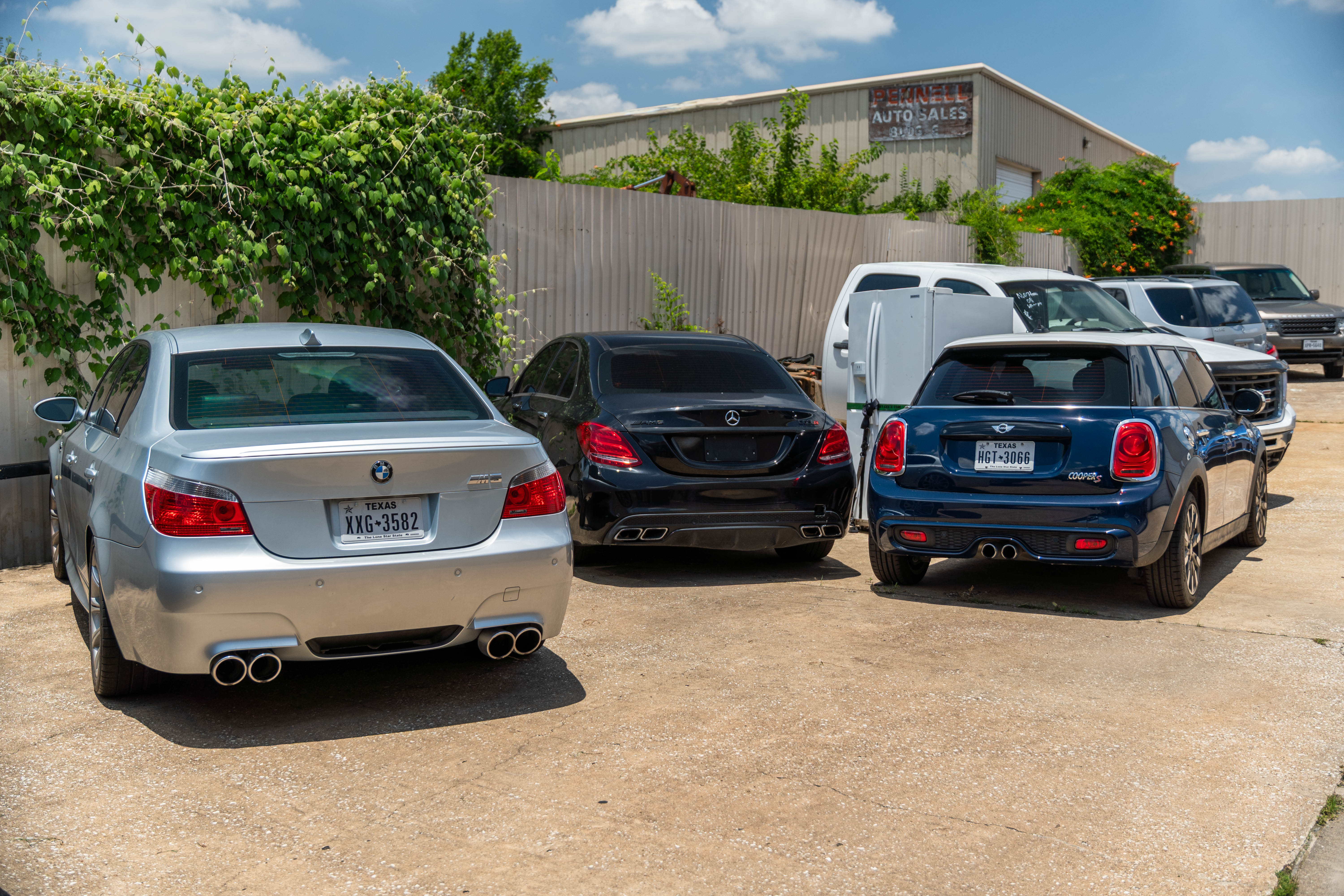 Group photo of M5, AMG, and Mini Cooper rears